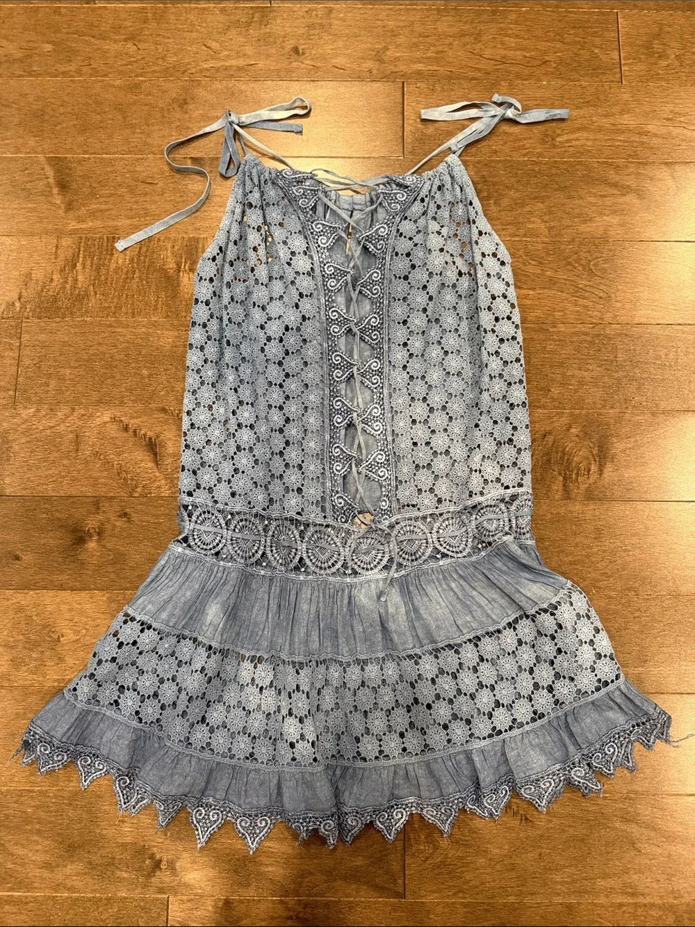 Light Blue (denim wash look) Eyelet Adjustable Tie-Shoulder Swim Coverup Dress